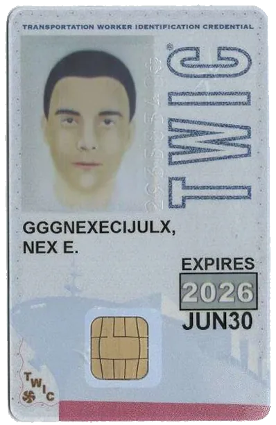 A current-generation TSA NEXGEN TWIC (Transportation Worker Identification Credential) card