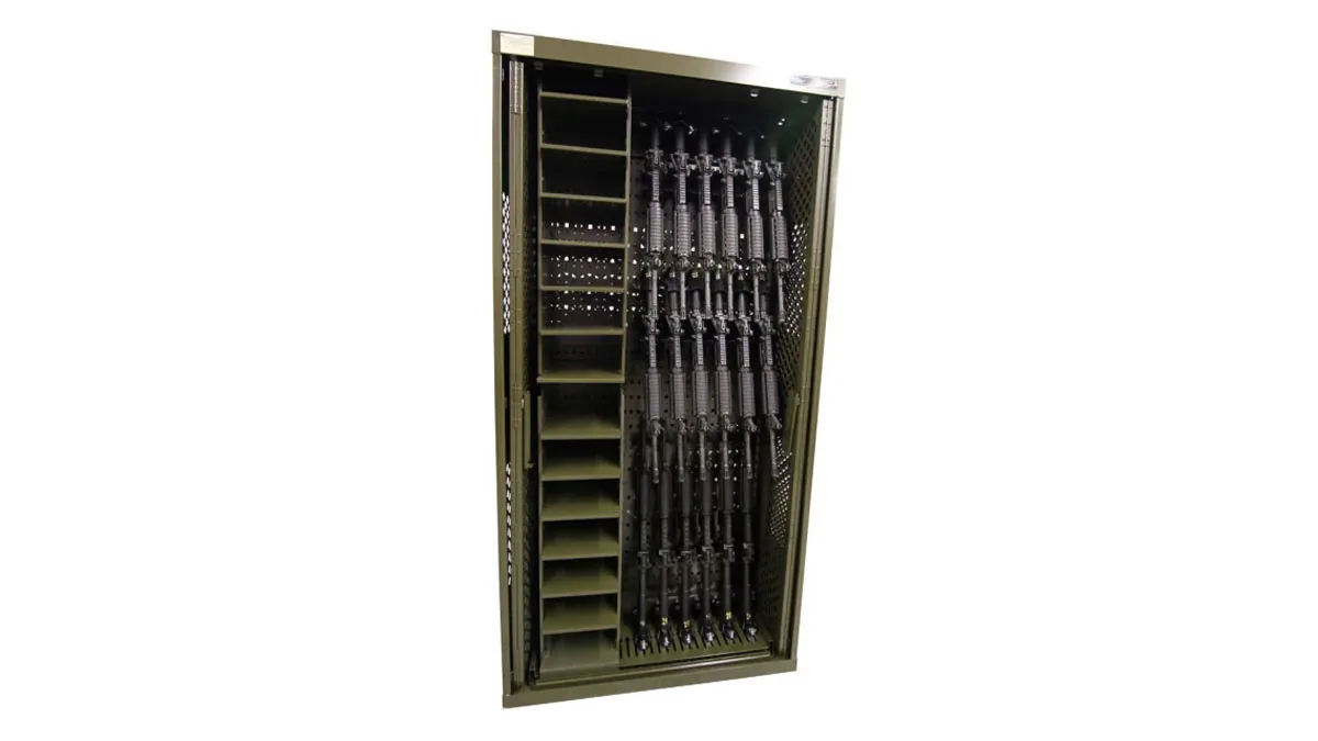 Rack of secured rifles inside a military weapons storage room